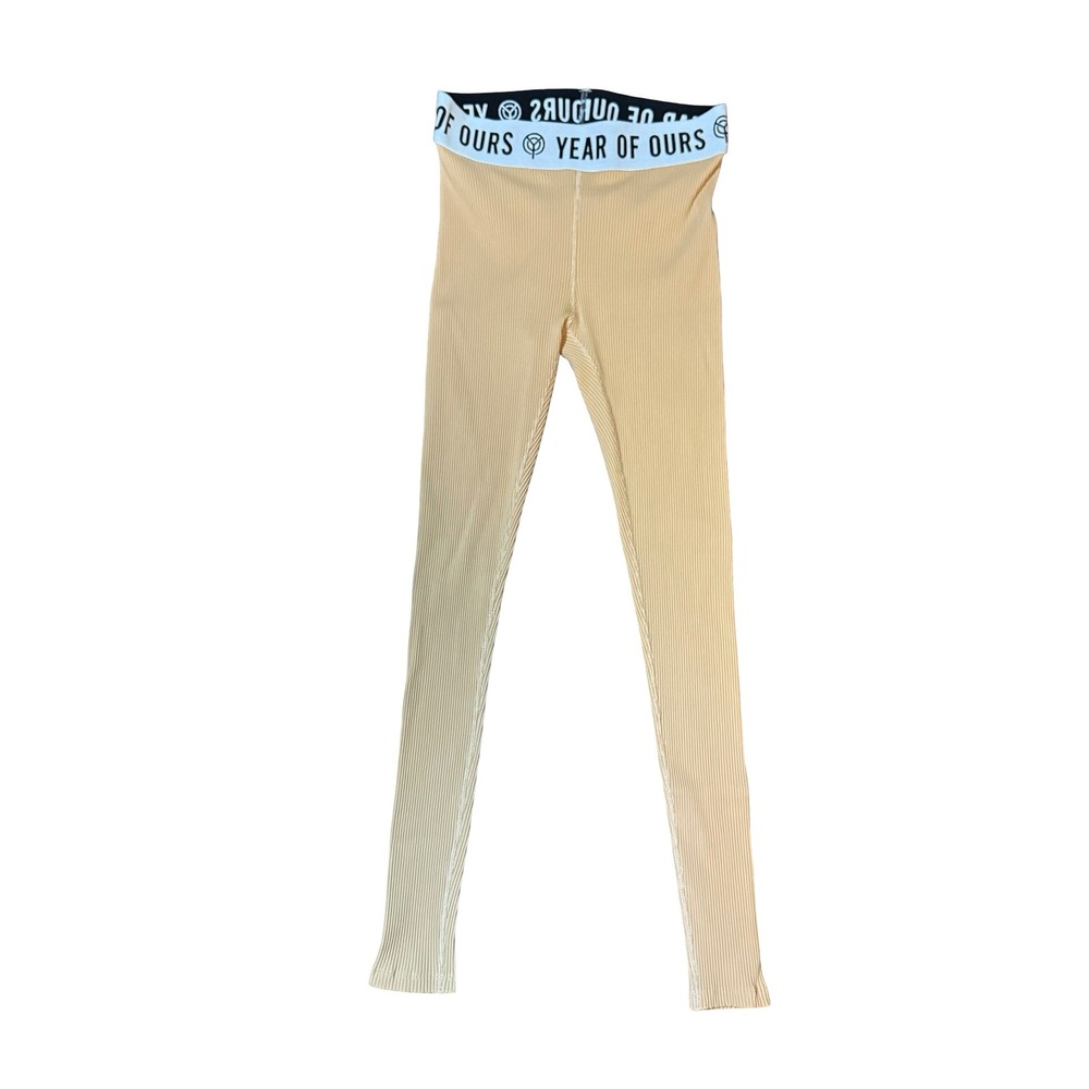 Year of Ours Ribbed Logo Waist Leggings Tan Beige High Rise Medium Yoga Pants